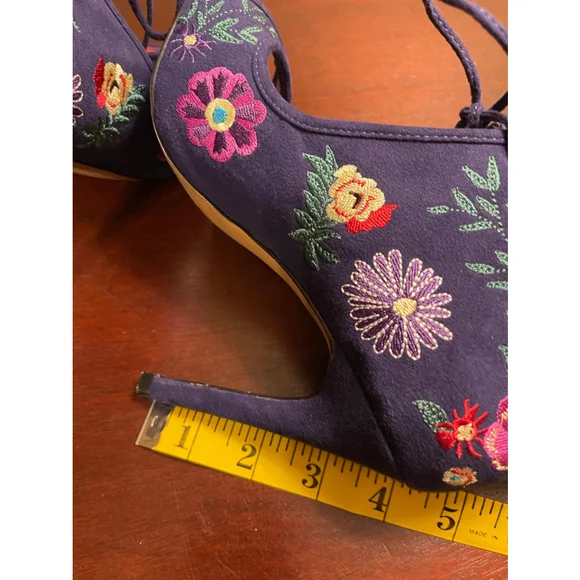 Betsey Johnson Caira Embroidered Floral Navy Blue Peep-Toe Booties-High Heels - Picture 3 of 4